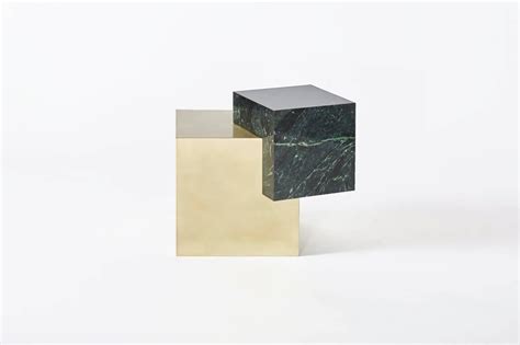 Coexist Askew Side Table In Statuary Marble With Brushed Brass Cube For