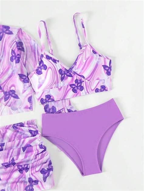 Tween Girl 4pcs Butterfly Print Bikini Swimsuit With Cover Up Set