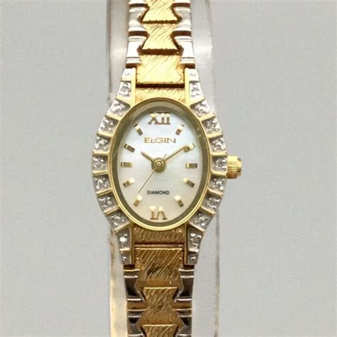 Elgin Diamond Watch Women 17mm Gold Tone White Mop Dial New Battery 7