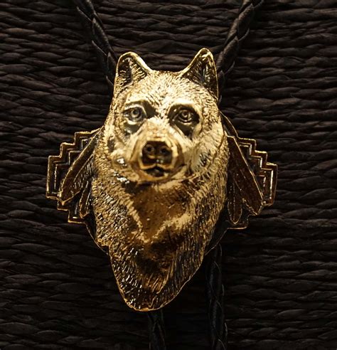 Bolo Tie Lace Tie Golden Wolf Head With 4 Feathers Etsy