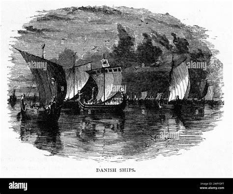 Engraving Of A Fleet Of Danish Viking Longboats Circa 1900 Stock Photo