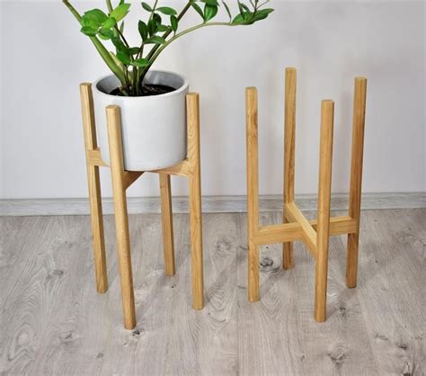 Tall Plant Stand Of Oak Mid Century Modern Style Etsy Plant Stand