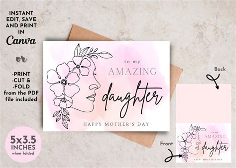 Printable Mother's Day Card for Daughter Line Art Print - Etsy