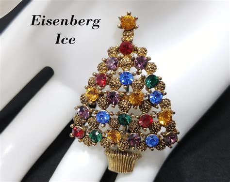 Eisenberg Ice Christmas Tree Brooch Multicolored Rhinestones 1990s