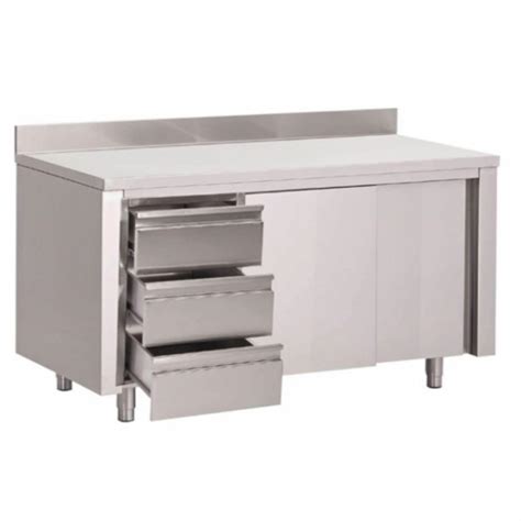 Table Armoire Inox Avec Dosseret Et Portes Coulissantes Et Tiroirs Gastro