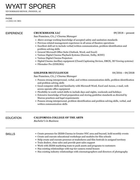 Cinema Manager Resume