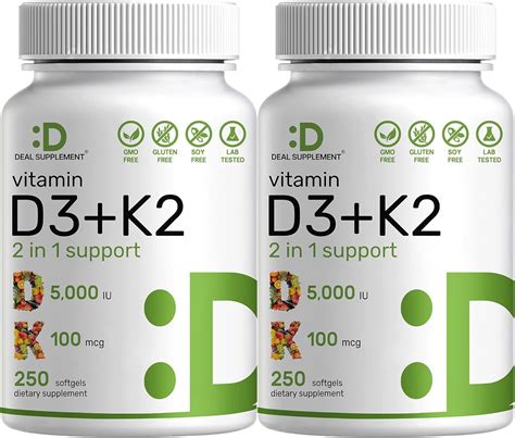 Deal Supplement 2 Pack Vitamin D3 K2 Softgel 250 Count 2