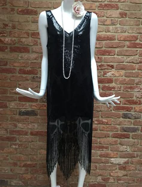 River Island Black Sequin Beaded Fringe Flapper Gatsby 1920s Dress Size