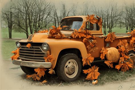 Vintage Truck With Autumn Pumpkins Creative Fabrica