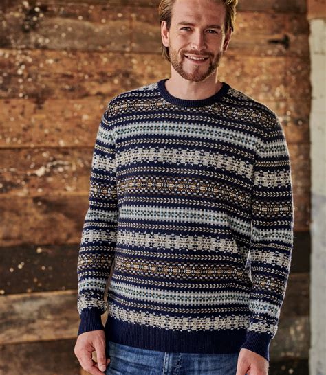 Bleu Nuitmulticolore Pull Motif Jacquard Homme Pure Laine D