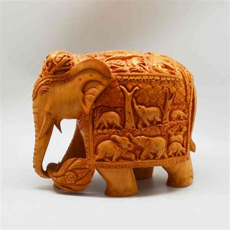 Teak Wood Elephant With Miniature Carving Craft House India