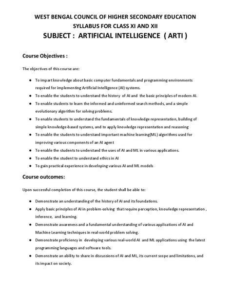 Wbchse Class Artificial Intelligence Syllabus Pdf West