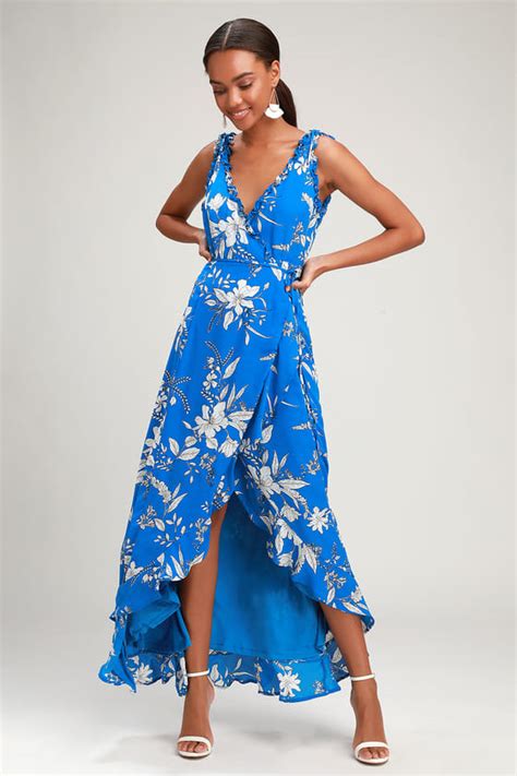 Sun Salutation Royal Blue Floral Print Ruffled Wrap Maxi Dress Maxi