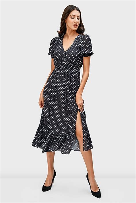 Shop Polka Dot Print Crepe Ruffle Flounce Dress Eshakti