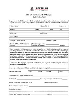 Fillable Online 2020 LSC Summer Adult A B League Registration Form Fax