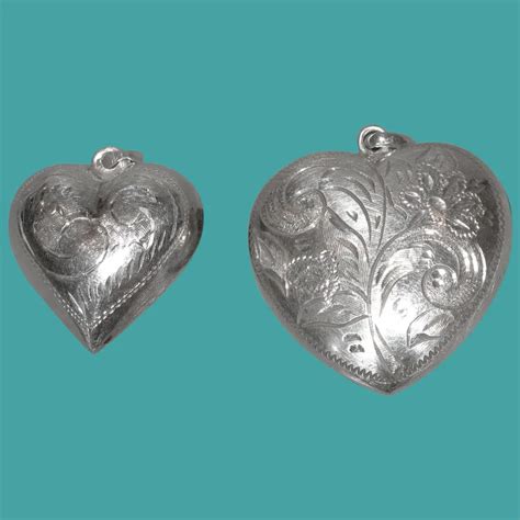 Pair 2 Vintage Solid Sterling Silver Puffy Heart Pendants Large