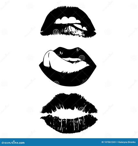 Female Lips Set Mouth With A Kiss Smile Tongue Teeth Stock