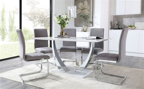 Peake White High Gloss And Chrome Dining Table With Perth Grey Velvet