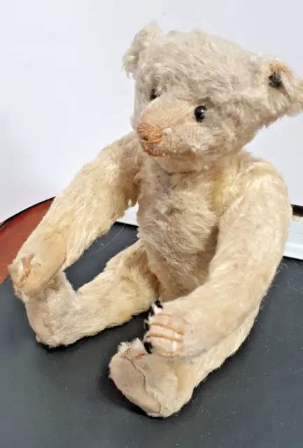 STEIFF ANTIK TEDDY Bär Mohair blond mit Knopf langgezogenem F Vorkrieg