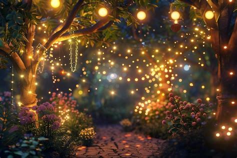 Premium Photo | Magical fairy lights twinkling in a garden octane