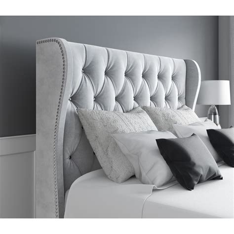 Grey Velvet Small Double Ottoman Bed With Diamante Headboard Safina