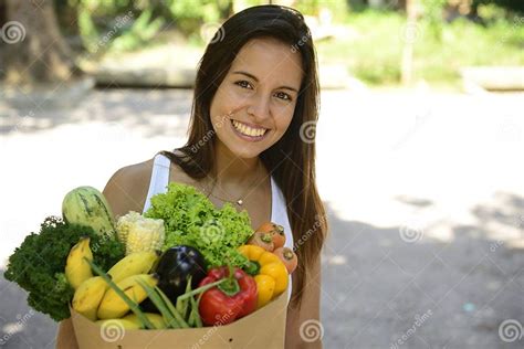 Woman Holding Shopping Paper Bag With Organic Or Bio Vegetables And