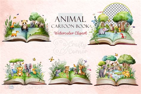 Animal Cartoon Books Watercolor Clipart Graphic by Crafty Corner ...