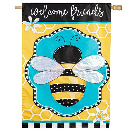 Evergreen Buzzing Bee Welcome Applique House Flag 28 x 44 Inches