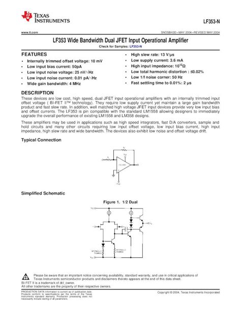 PDF LF353 Wide Bandwidth Dual JFET Input Operational Wide Bandwidth