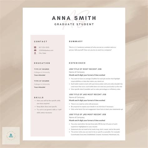 Graduate Student Resume Template - Etsy