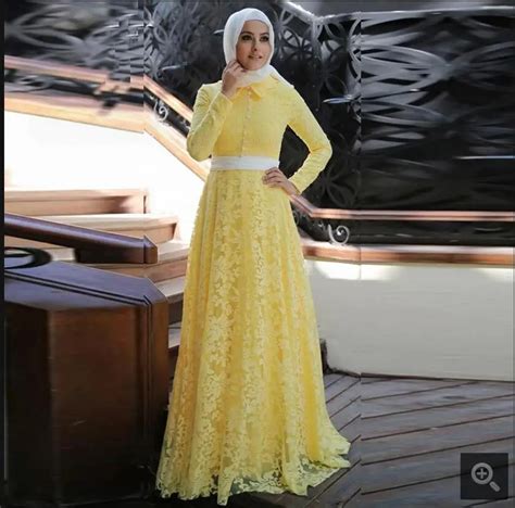 2017 Yellow Lace Long Sleeve Muslim Formal Prom Dress 2017 Hijab