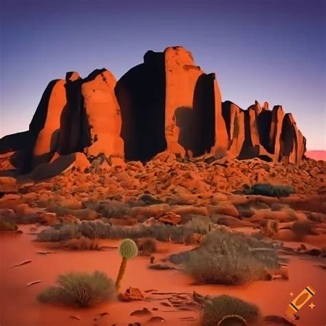 Stunning Desert Landscape With Towering Rock Formations And Swaying