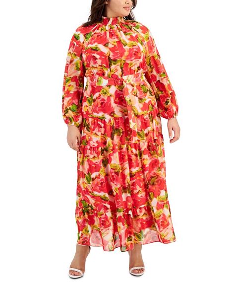 Taylor Plus Size Printed Belted Blouson Sleeve Maxi Dress Macys