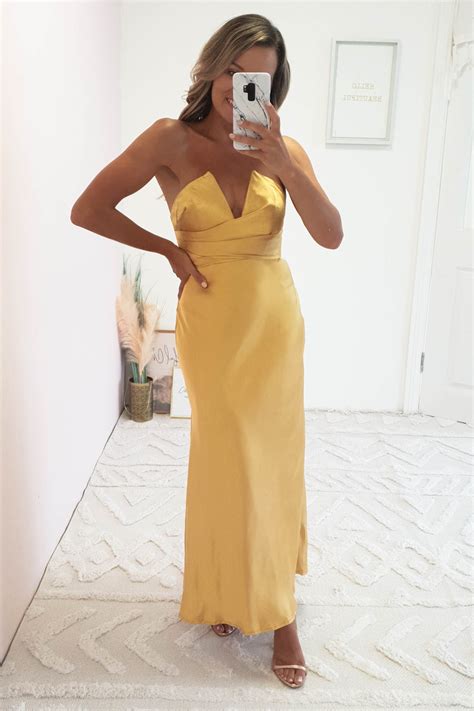 Louvre Strapless Satin Midi Dress Yellow Gold