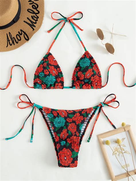 Ensemble de bikini fleuri froncé ras du cou triangulaire soutien gorge