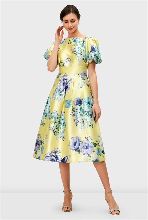 Shop Puff Sleeve Floral Print Dupioni Dress Eshakti