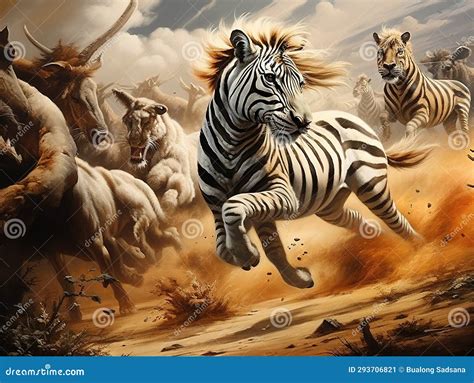 Ai Generated Illustration Wildlife Concept Of Lion Hunting Zebra Stock