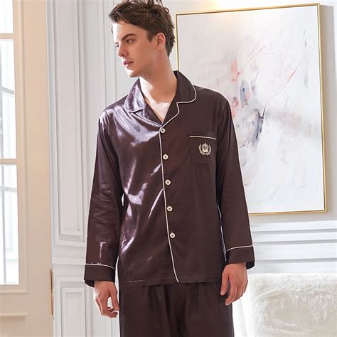 Faux Silk Pajamas Male 2019 Autumn New Silky Ice Silk Sleepwear Man