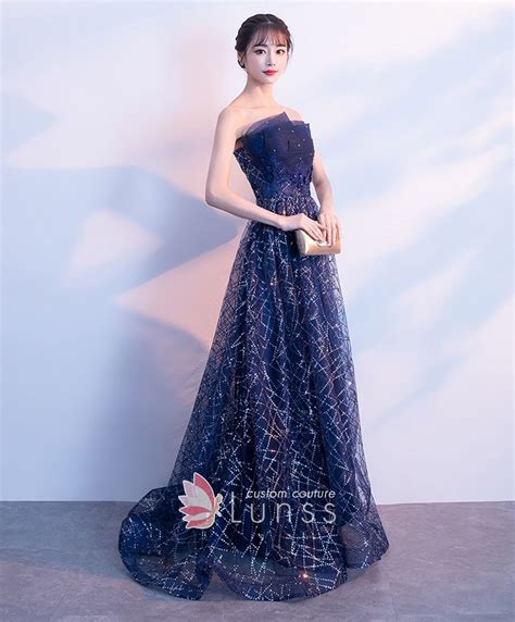 Sequinned Messy Lines Navy Tulle Strapless Party Gown Lunss