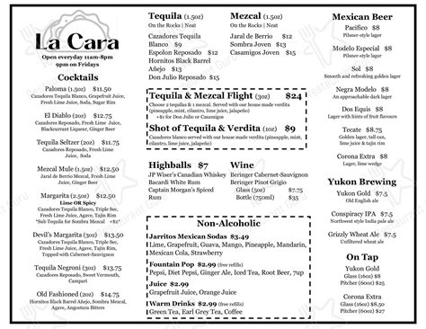 Menu at La Cara restaurant, Whitehorse