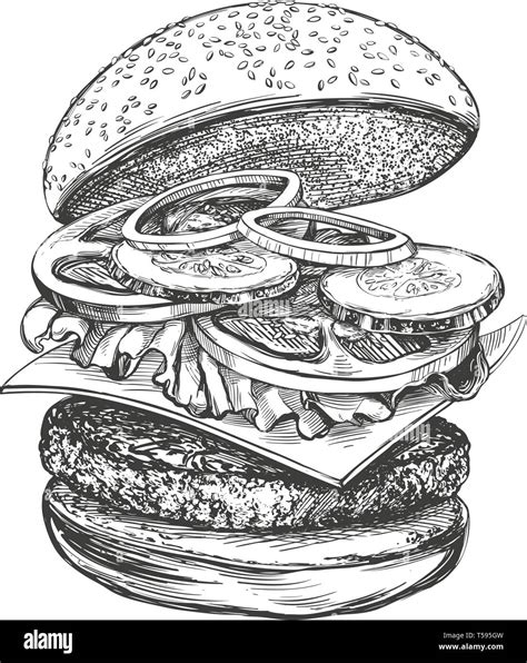 Big Burger Hamburger Hand Drawn Vector Illustration Realistic Sketch