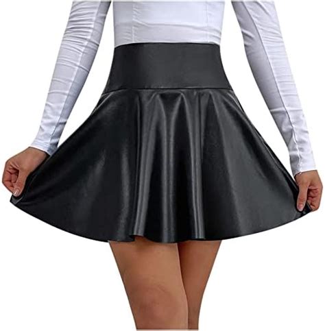 Sisifa Rock Damen High Waist Pu Leder Plissee Kurzer Mini Skaterrock