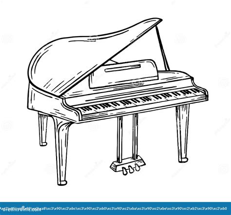 Grand Piano Musical Instrument Style Hand Drawn Vector Black And White