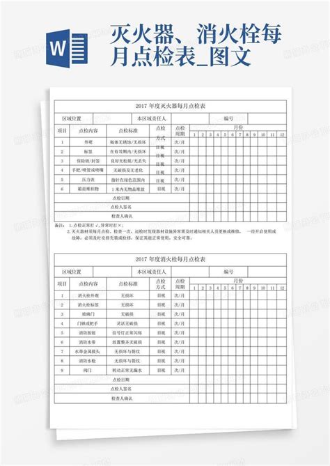 灭火器、消火栓每月点检表图文word模板下载编号qwnjxmme熊猫办公