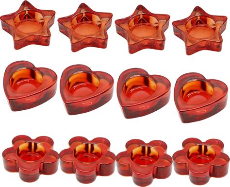 Red Votive Candle Holders Set Of 12 3 Sizes Heart Flower Star Glass Tealight