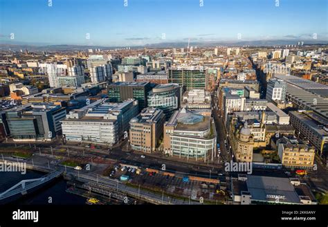 Aerial View From Drone Of Skyline Of Glasgow City Centre From