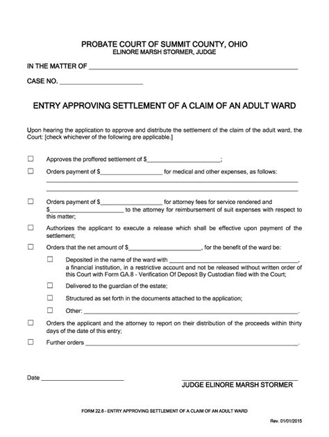 Fillable Online Entry Approving Settlement Of A Claim Of An Adult Ward Fax Email Print Pdffiller