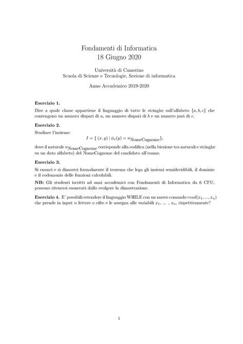 Compito 18062020 Fondamenti Di Informatica 18 Giugno 2020 Universit A