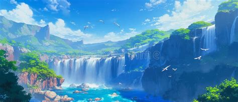 Anime Background Illustration with a Stunning Waterfall in a Green ...