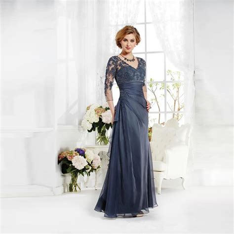 Vintage Navy Blue Mother Of The Bride Groom Dresses 34 Sleeves Applique Lace A Line V Neck Long